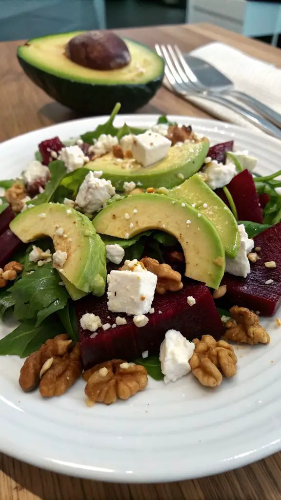 Un delizioso piatto di Insalata di barbabietola, avocado, feta e noci: perfetta per un antipasto sano e colorato!