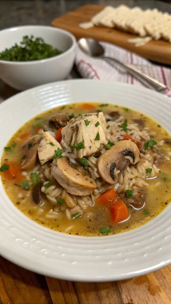 Preparazione passo-passo di Zuppa di pollo, funghi e riso selvatico