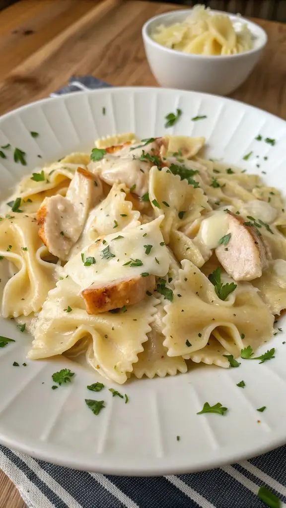 Un delizioso piatto di Farfalle di pollo con mozzarella, aglio e burro in crema di formaggio