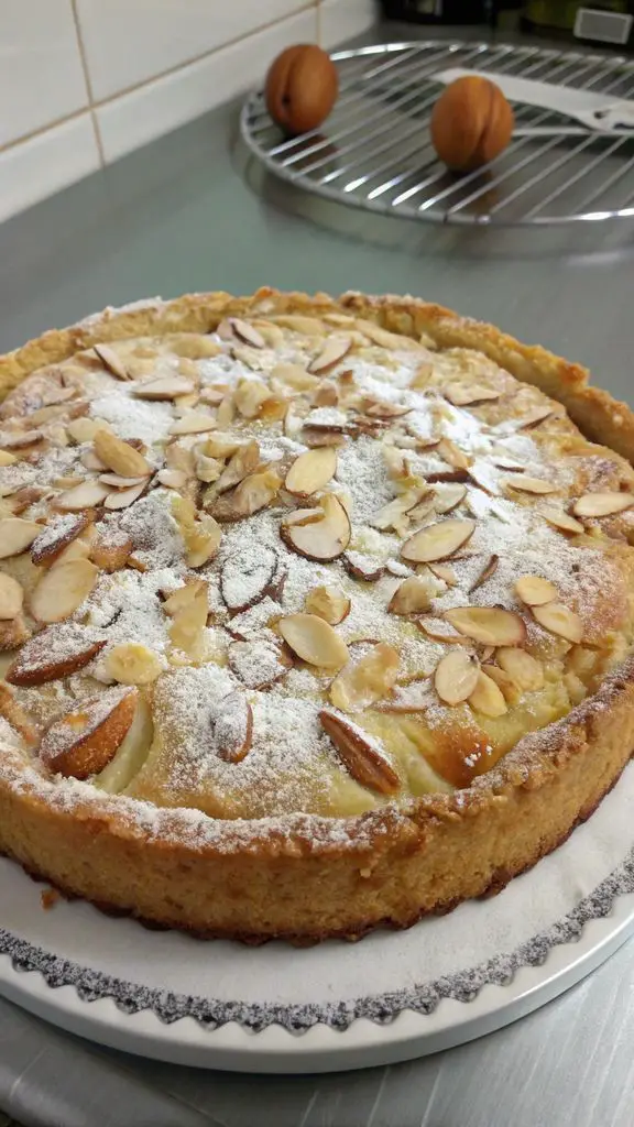 Un delizioso piatto di Torta di pere e mandorle al burro con mandorle tritate