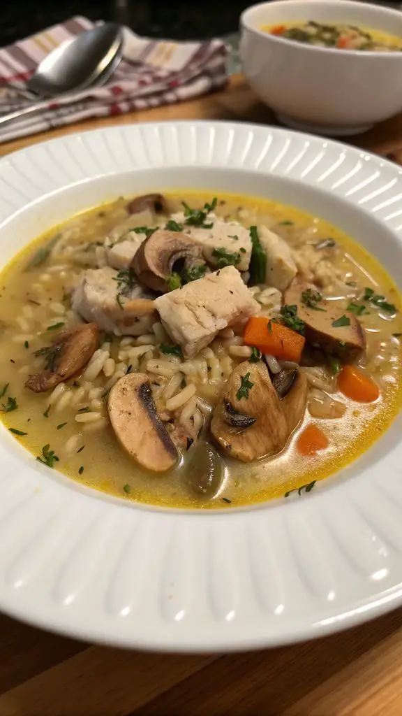 Un delizioso piatto di Zuppa di pollo, funghi e riso selvatico