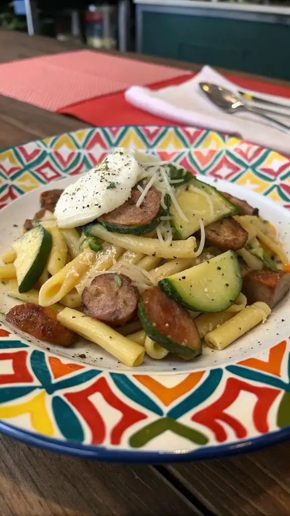 Un delizioso piatto di Caserecce con salsiccia, zucchine e Philadelphia
