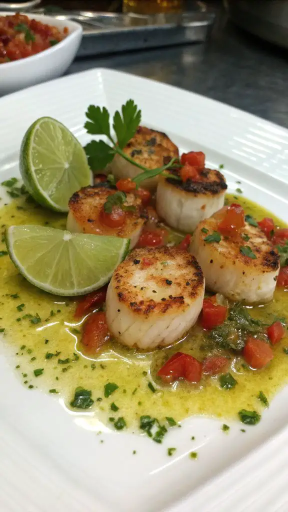Un delizioso piatto di Capesante sfrigolanti con salsa piccante al lime e coriandolo