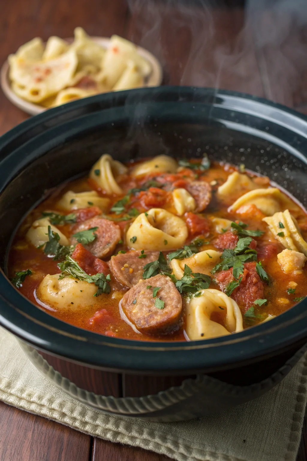 A delicious plate of Zuppa di Tortellini e Salsiccia in Pentola Lenta