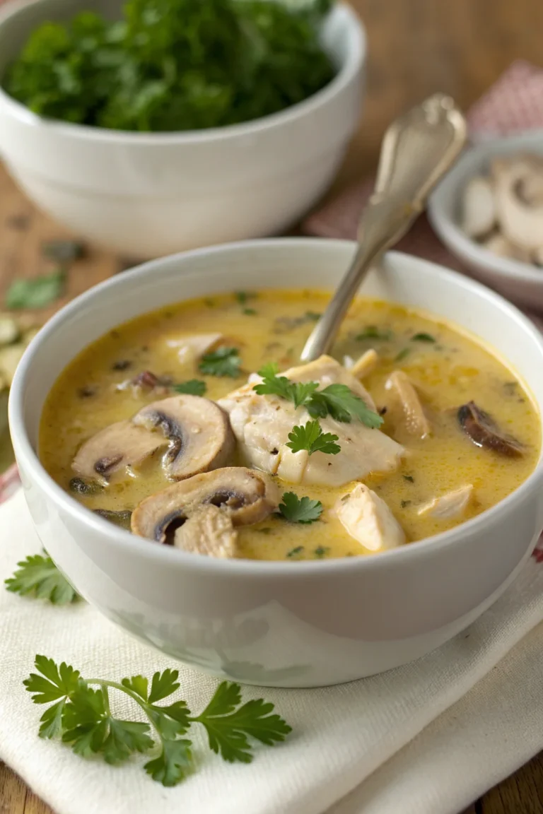 A delicious plate of Zuppa Cremosa di Pollo e Funghi