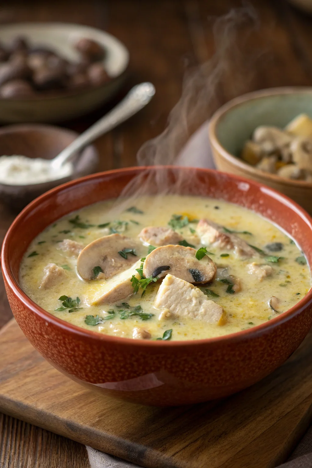 A delicious plate of Zuppa Cremosa di Pollo e Funghi
