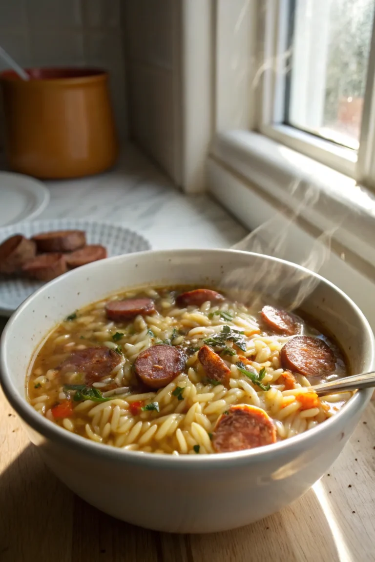 A delicious plate of Zuppa di Orzo e Salsiccia Marry Me