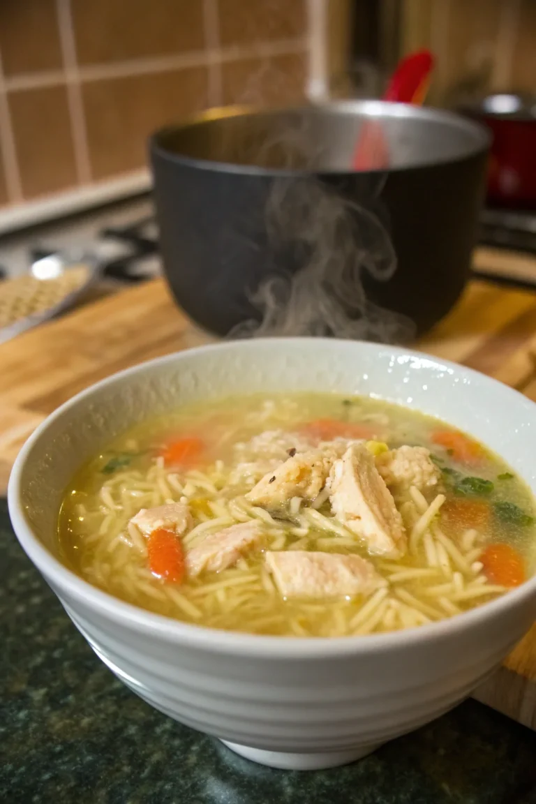 A delicious plate of Zuppa Facile di Pollo, Riso e Noodles