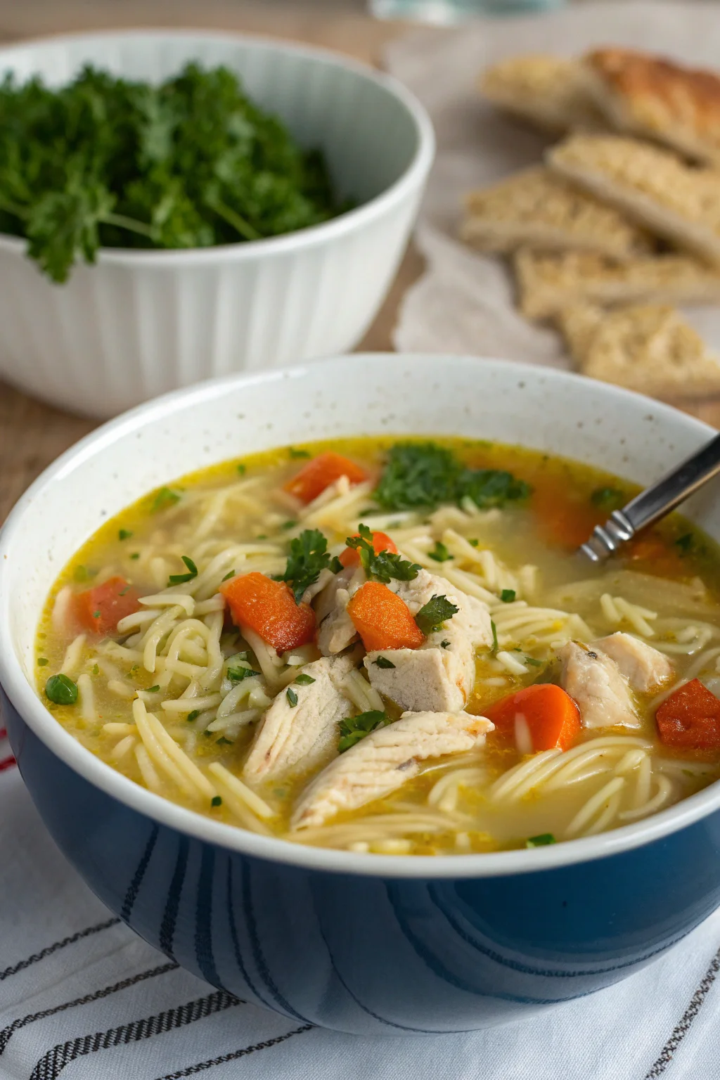 A delicious plate of Zuppa Facile di Pollo, Riso e Noodles