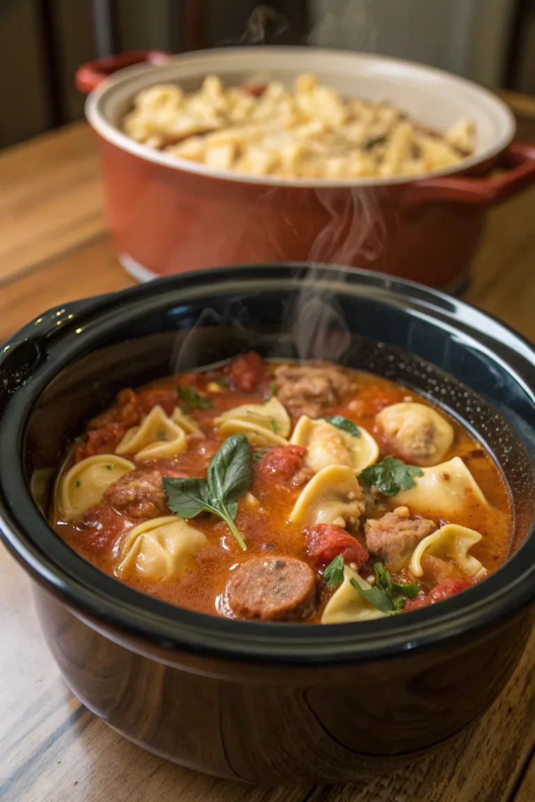 A delicious plate of Zuppa di Tortellini e Salsiccia in Pentola Lenta
