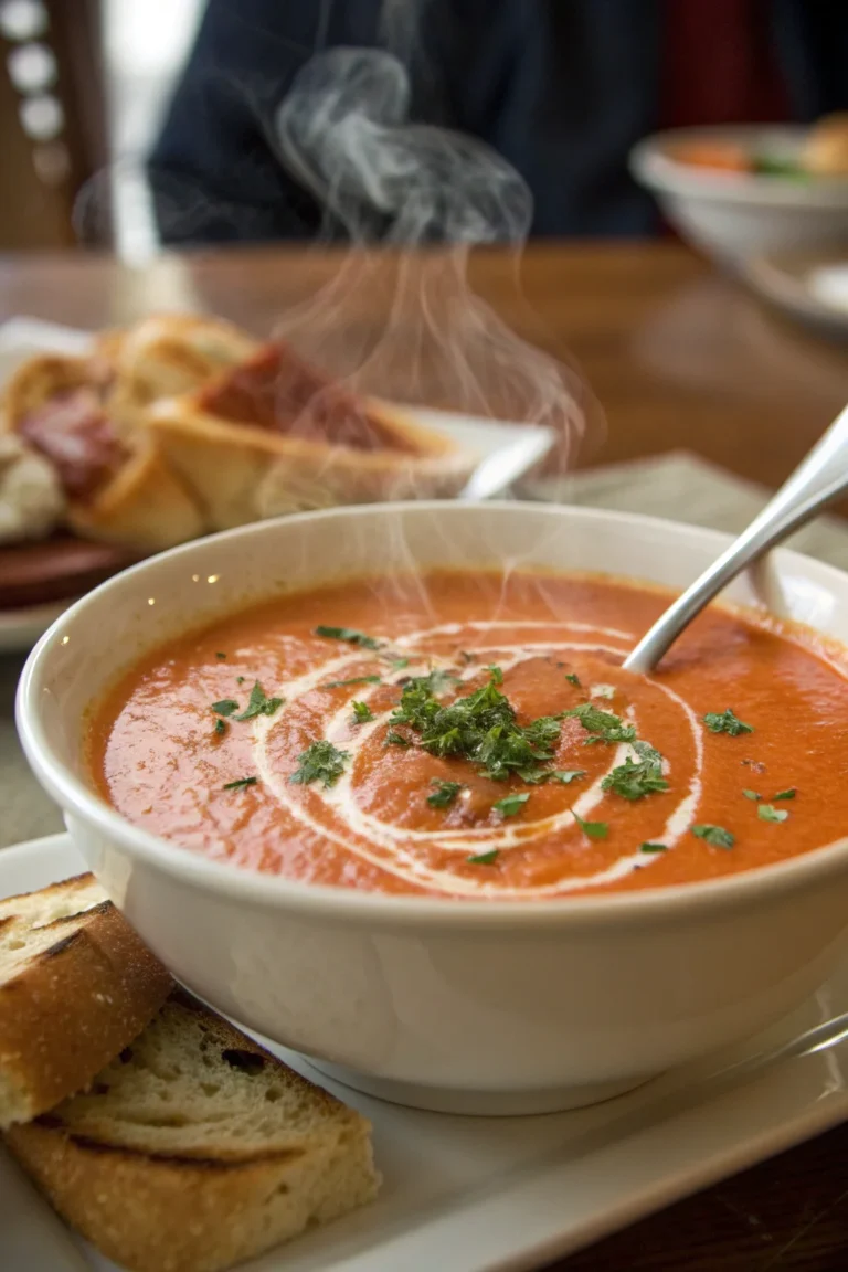 A delicious plate of Zuppa di Pomodoro Cremosa in Stile Panera