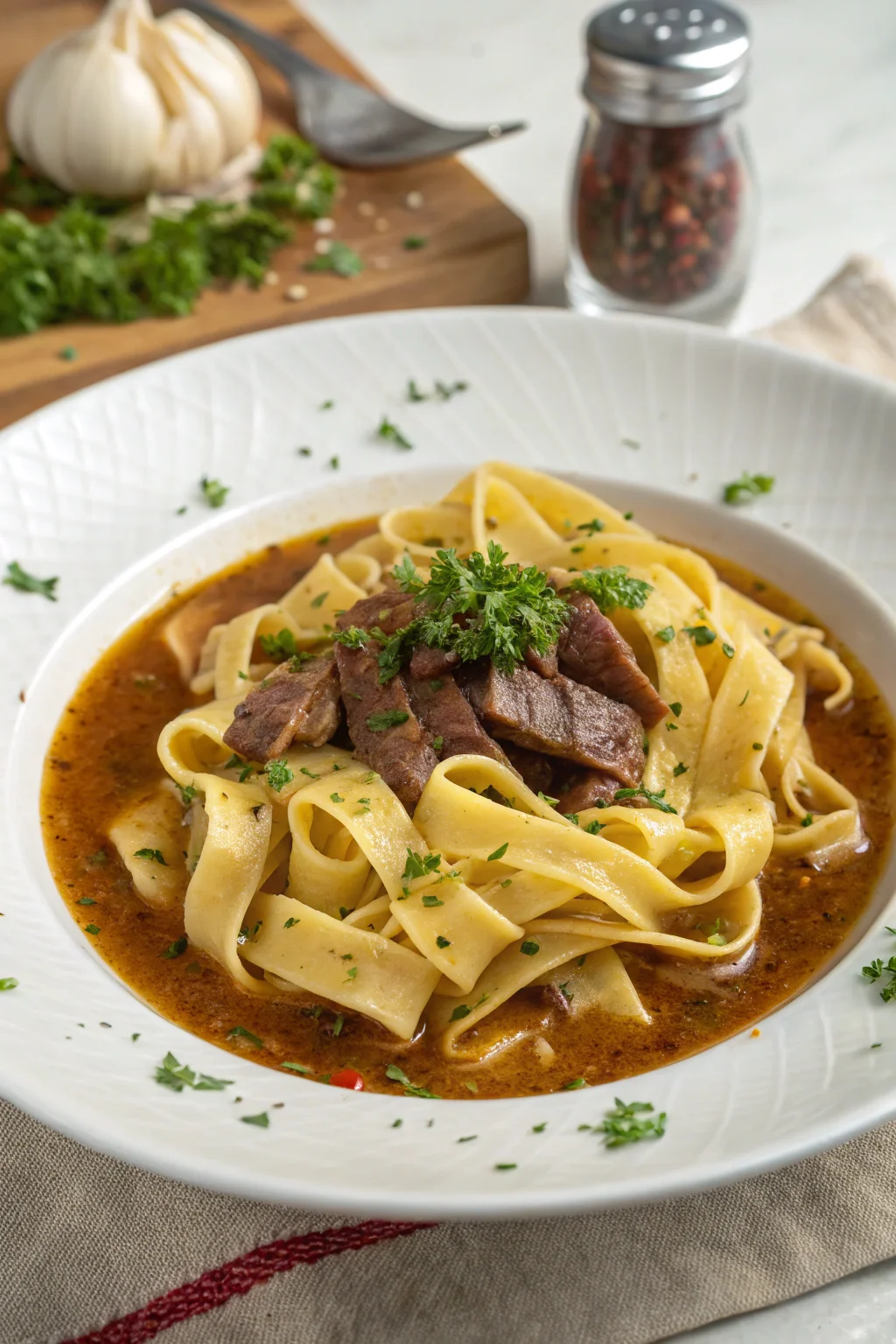 A delicious plate of Tagliatelle Cinesi Tirate a Mano in Brodo di Manzo