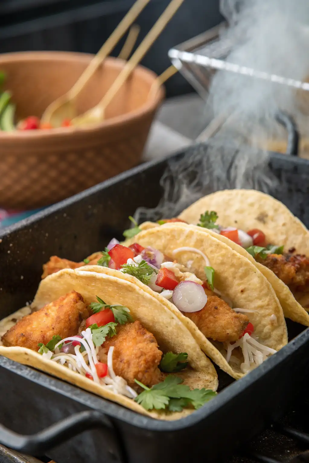 A delicious plate of Tacos di Pesce Fritti in Friggitrice ad Aria