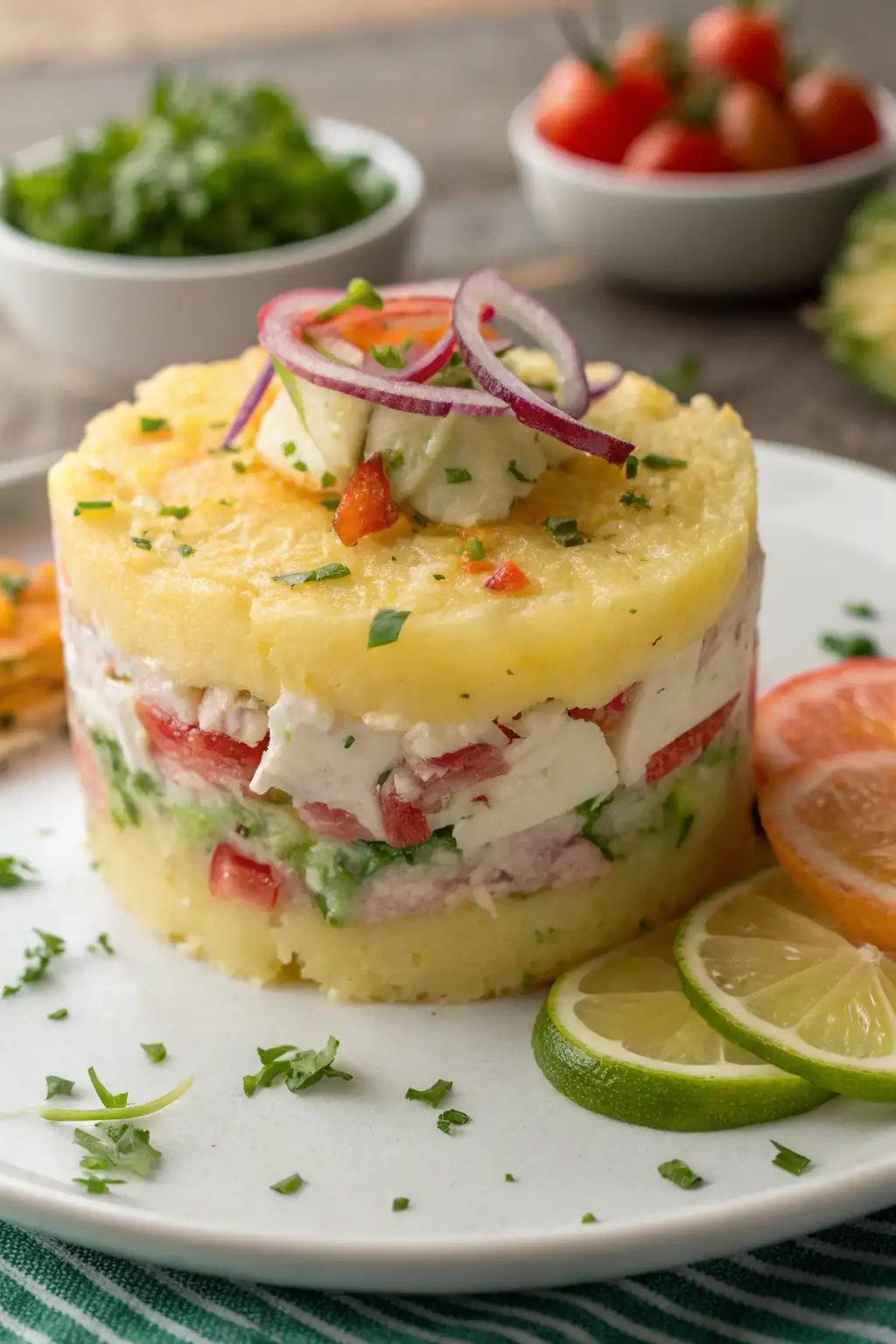 A delicious plate of Insalata di Patate e Pollo Peruviana (Causa Rellena)