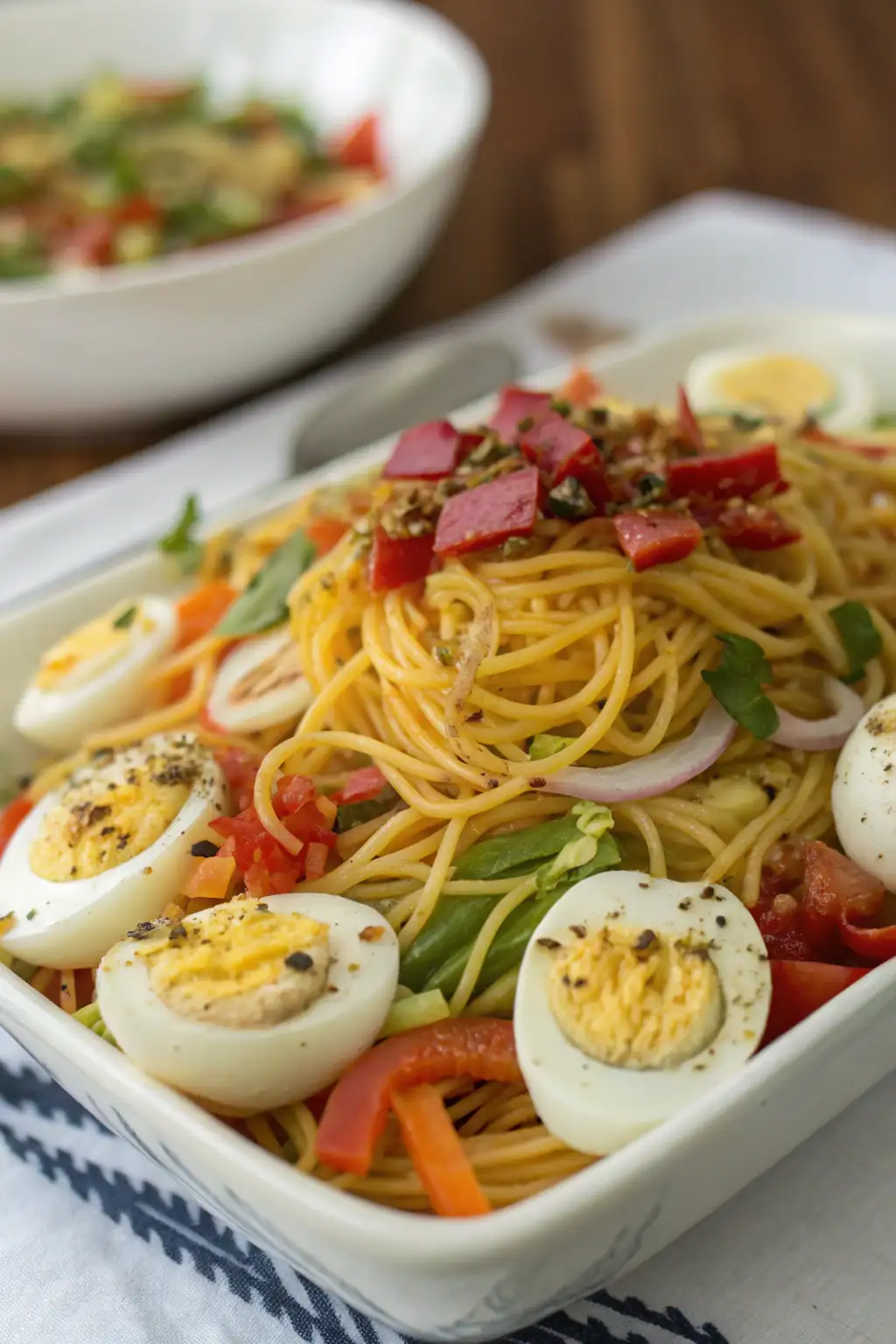 A delicious plate of Insalata di Noodles con Uova Deviled