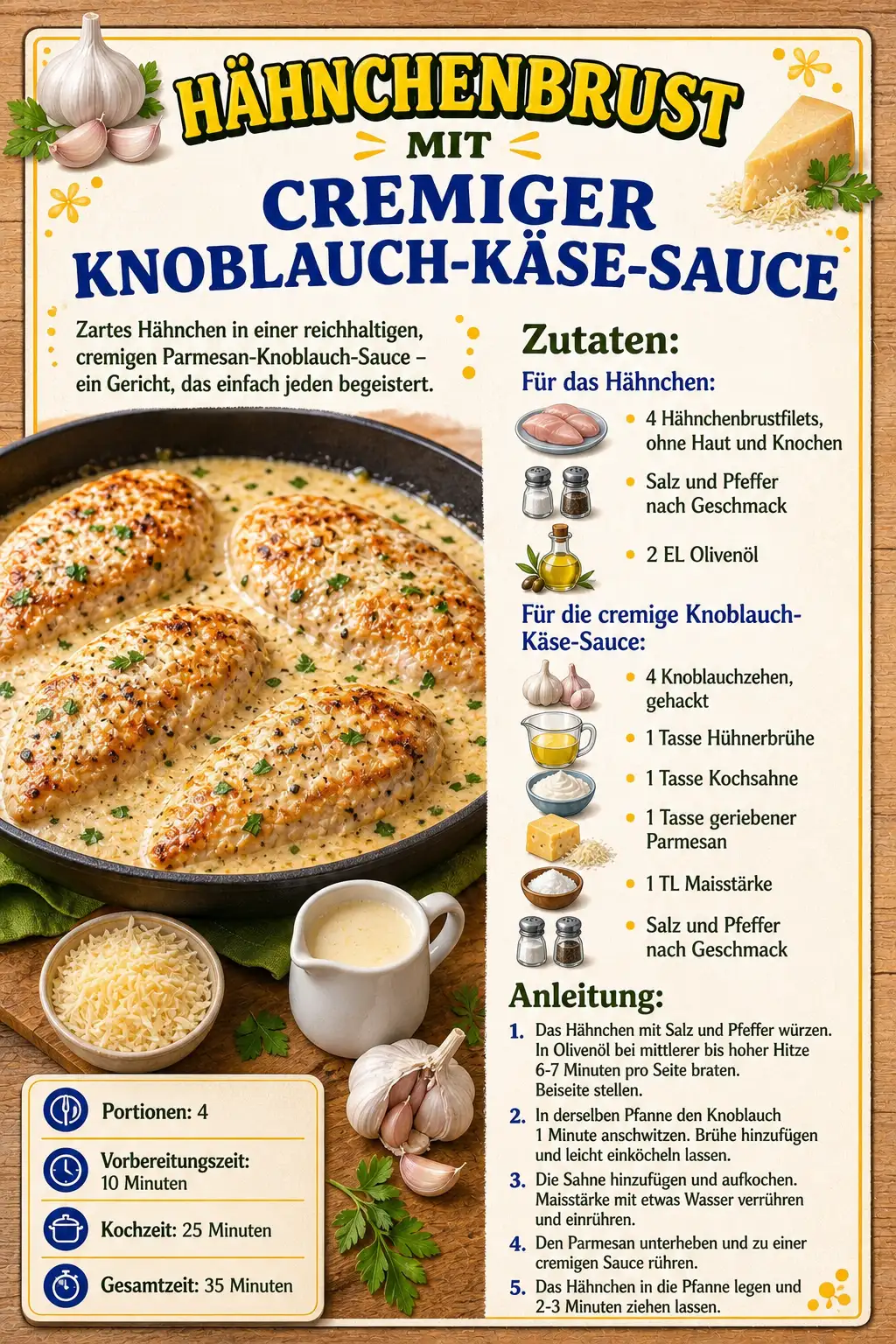 HÄHNCHENBRUST MIT CREMIGER KNOBLAUCH-KÄSE-SAUCE