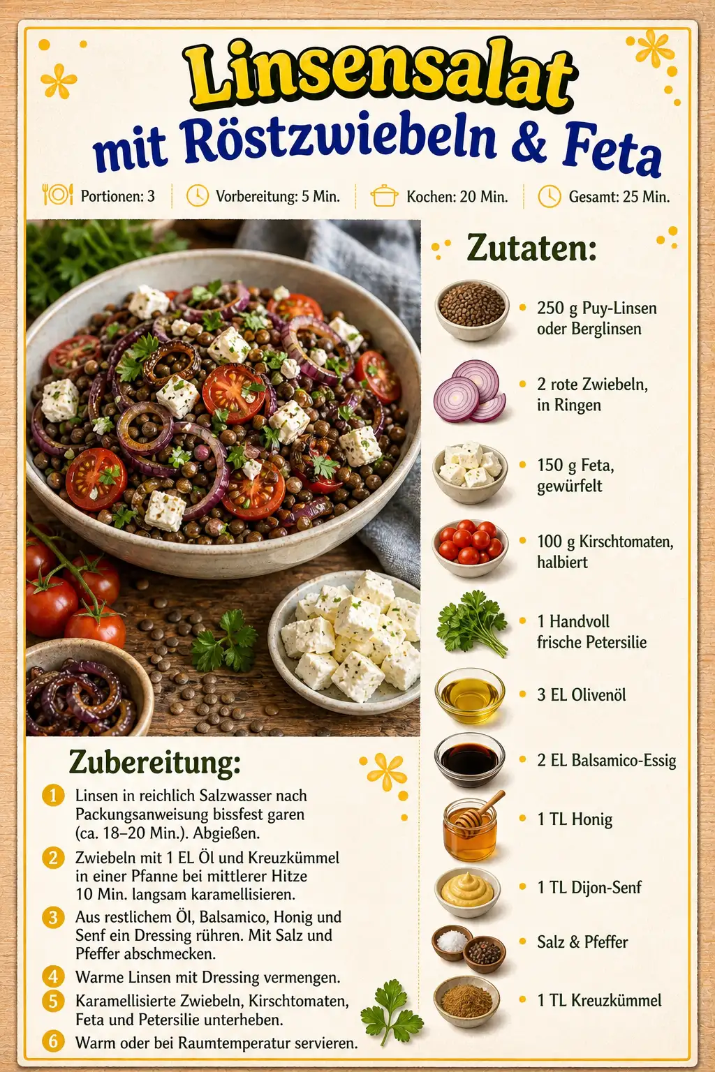 Linsensalat mit Röstzwiebeln & Feta