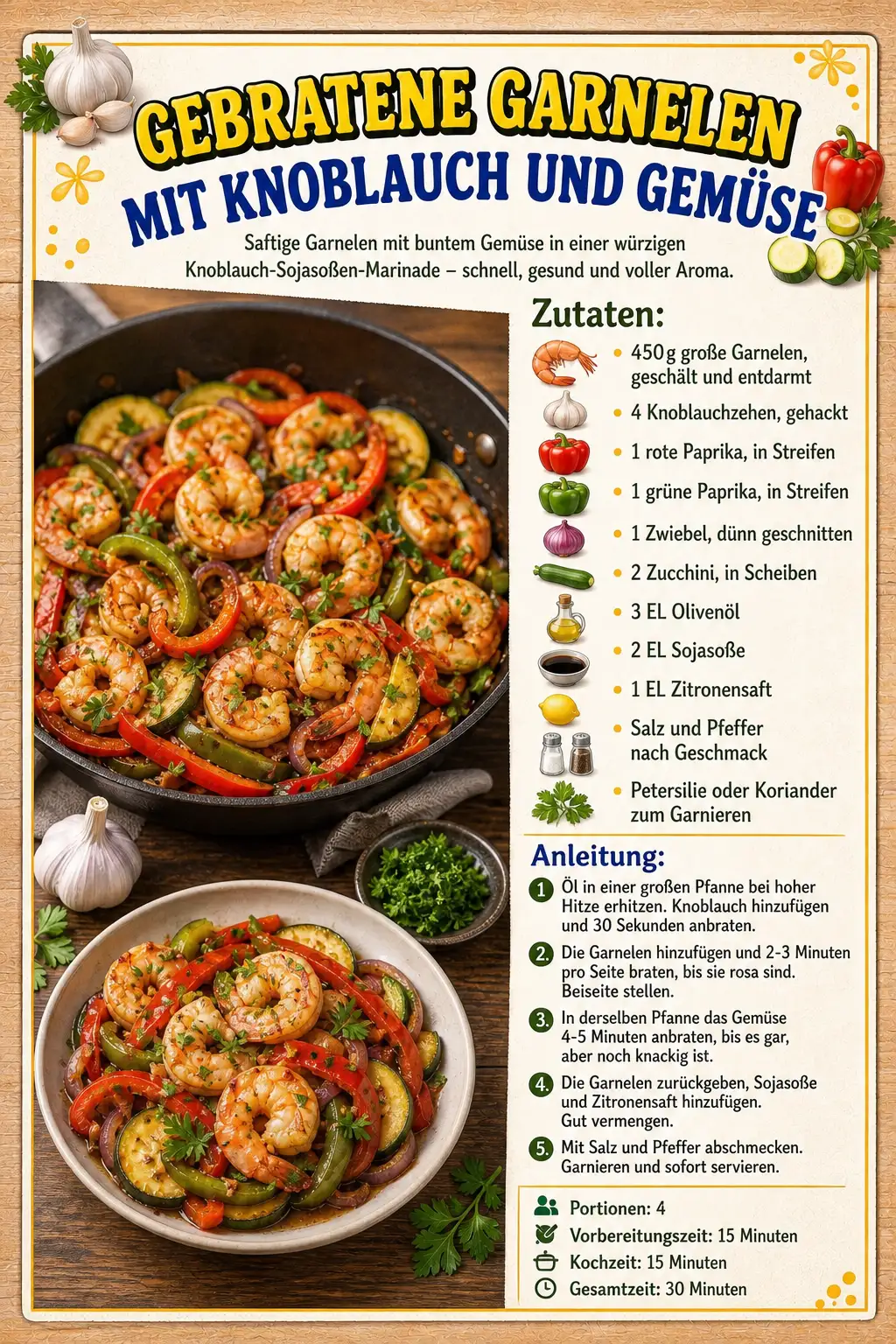 GEBRATENE GARNELEN MIT KNOBLAUCH UND GEMÜSE