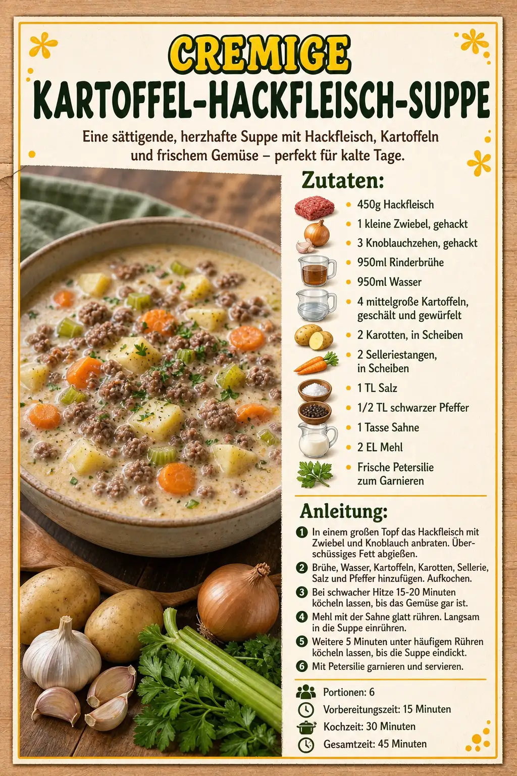 CREMIGE KARTOFFEL-HACKFLEISCH-SUPPE