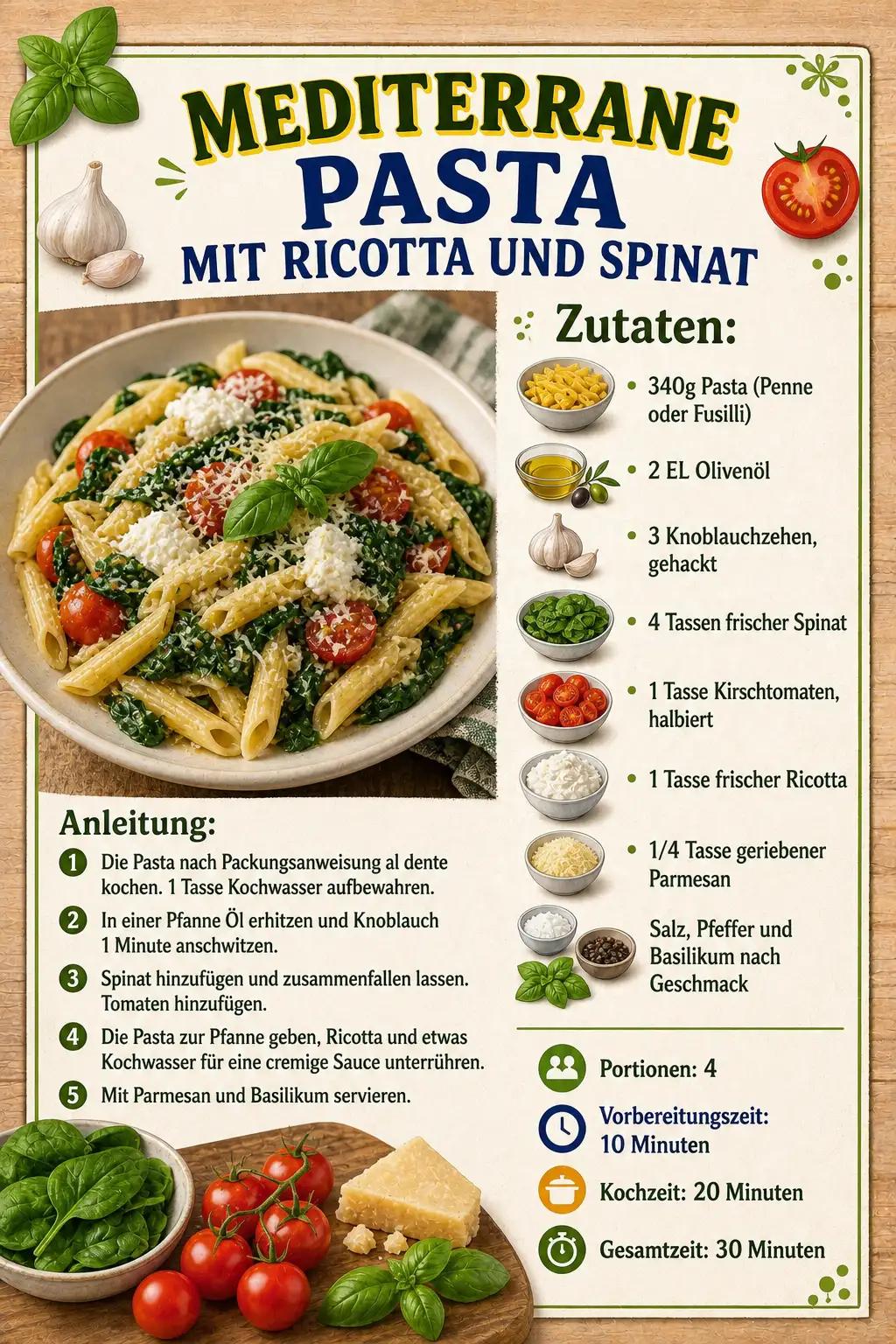 MEDITERRANE PASTA MIT RICOTTA UND SPINAT